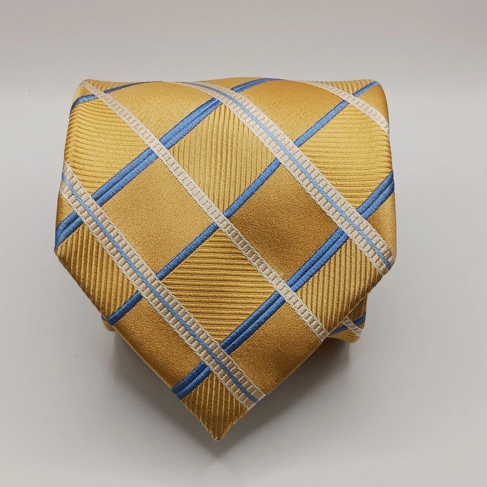 Michael Kors Mens Silk Necktie Gold Blue White Plaid Pattern Classic Tie